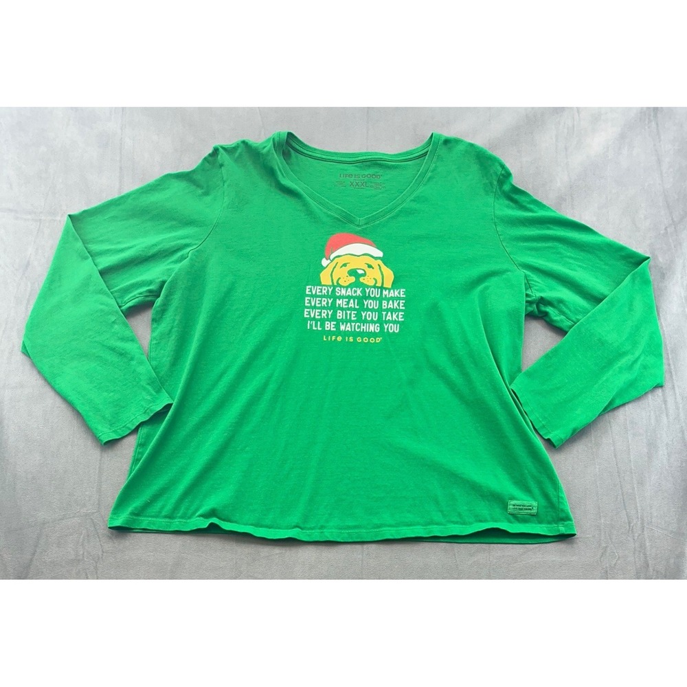 Life Is Good Womens XXXL Green Christmas Dog Graphic VNeck Crusher Tee Shirt